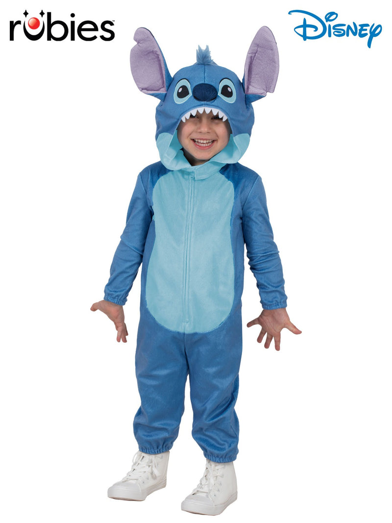 Toddler wearing blue plush Stitch costume with 3D hood and tall ears