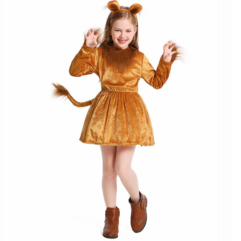 Girls lion costume with golden velvet dress and shaggy faux fur mane collar