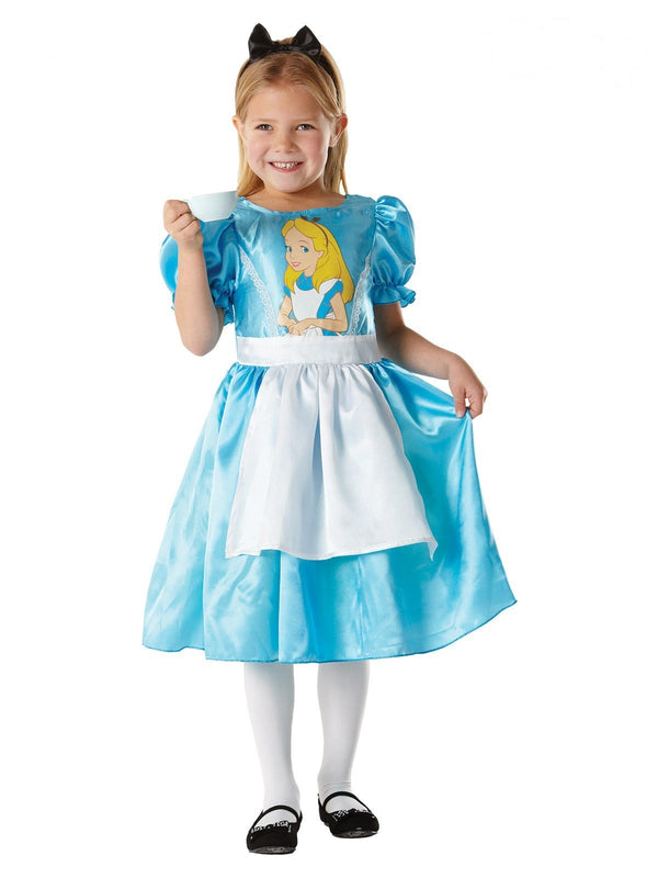 Kids Alice in Wonderland costume - turquoise blue satin dress with character graphic