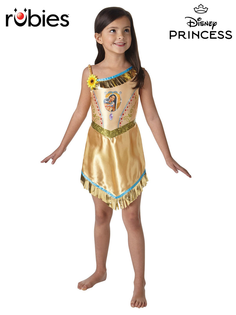 Kids Disney Pocahontas princess costume dress with gold satin, turquoise trim and metallic fringe