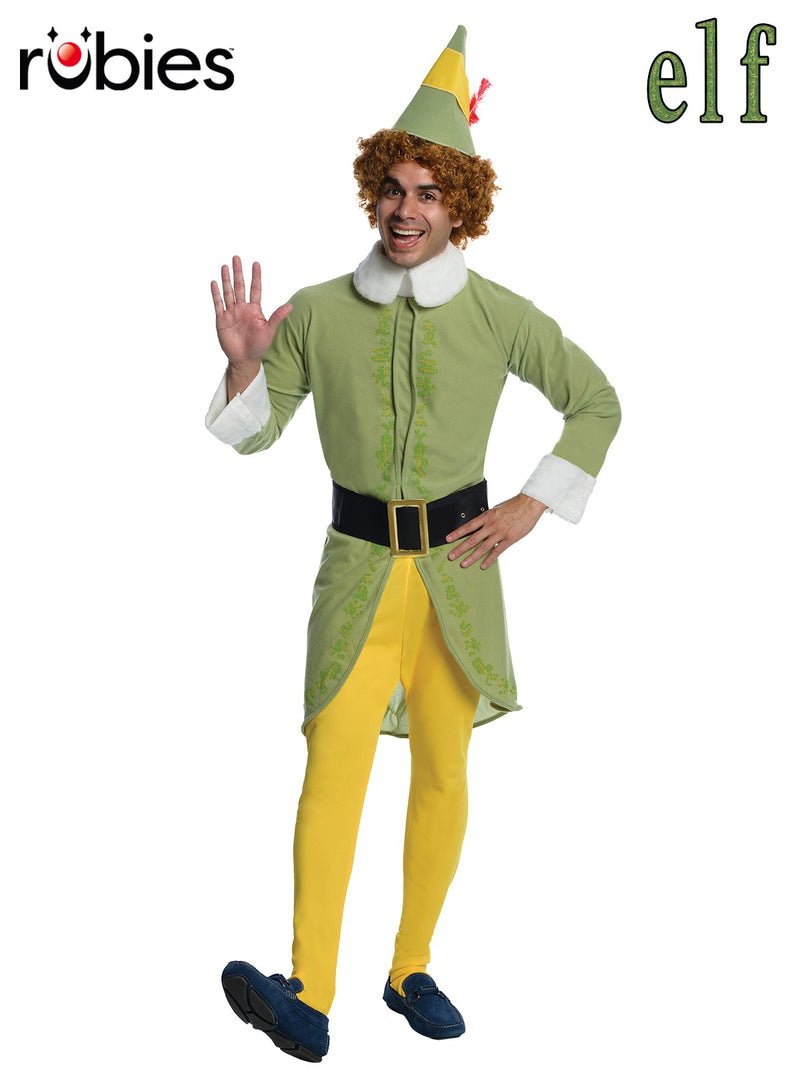 Adult Buddy The Elf Costume - green jacket with white fur trim and yellow pointed hat