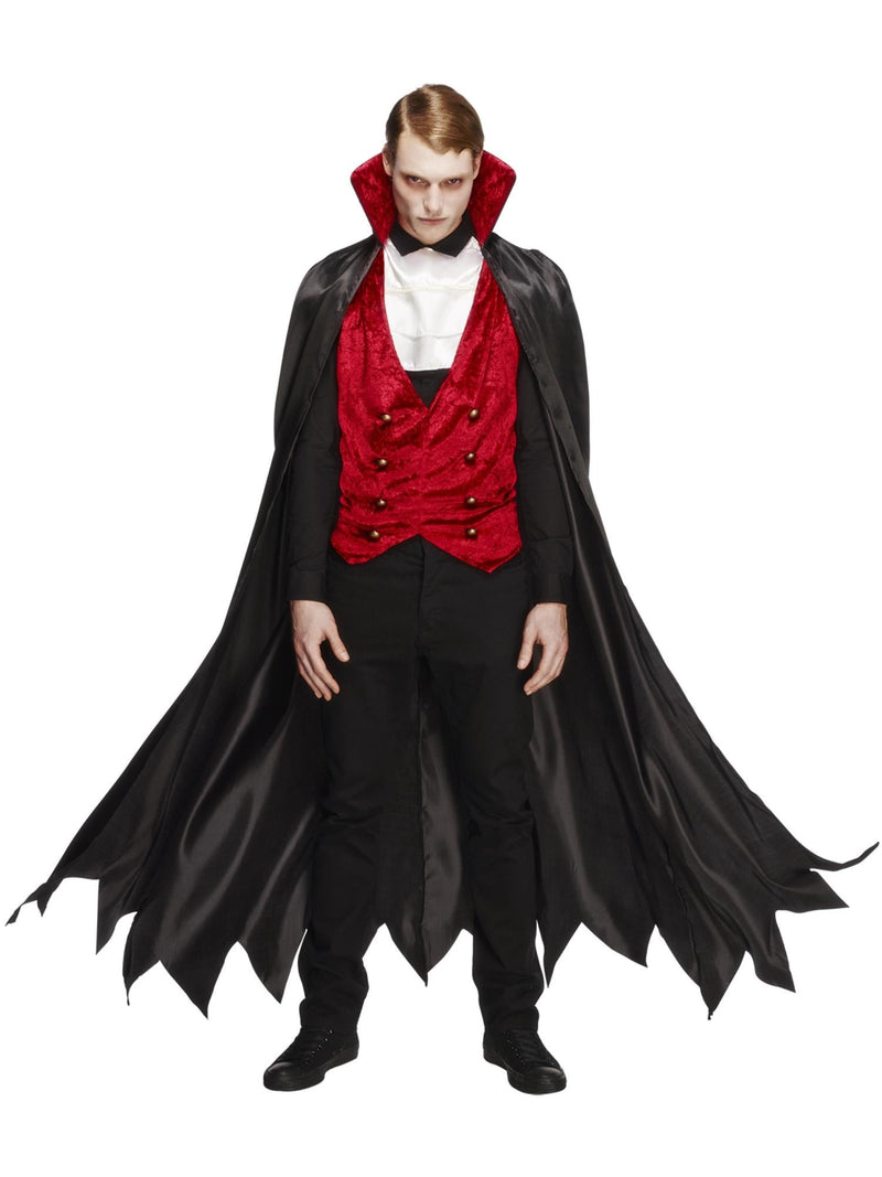 Mens Fever Vampire Costume - black satin cape with upright collar and red interior lining, crimson waistcoat, white cravat