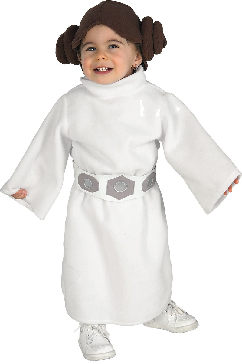 Toddler wearing white Princess Leia dress with brown wig and side buns