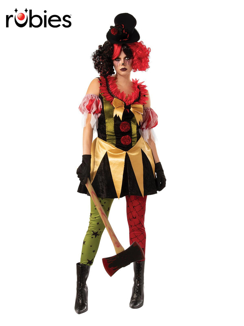 Womens Evil Clown mini dress costume with black-and-gold striped bodice, zigzag peplum skirt, oversized gold bow tie, and mismatched patterned leggings