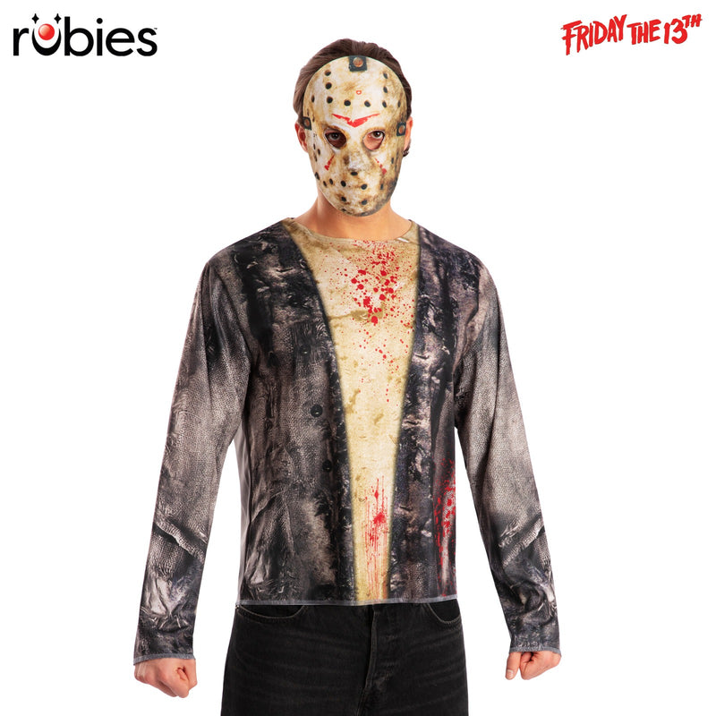 Mens Jason Voorhees costume with sublimation-printed torn top and hockey mask - front view