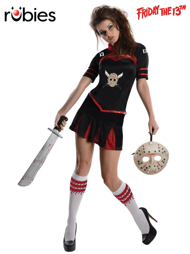 Womens Friday the 13th Cheerleader Costume with corset top and Jason Voorhees hockey mask print