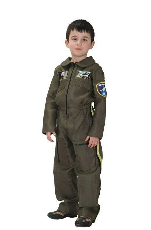 Child wearing olive green fighter pilot flight suit jumpsuit with military patches and attached hood