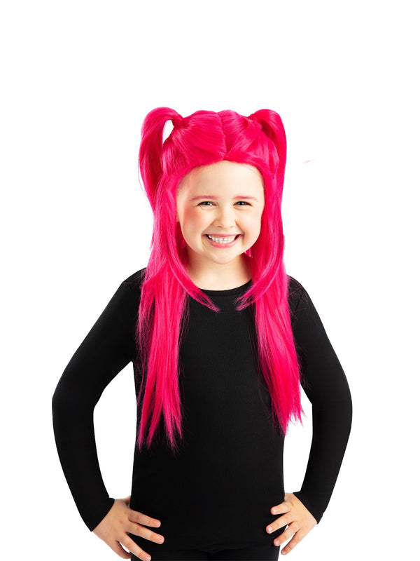 Close-up of Mira character wig showing center part, side ponytails, and face-framing fringe