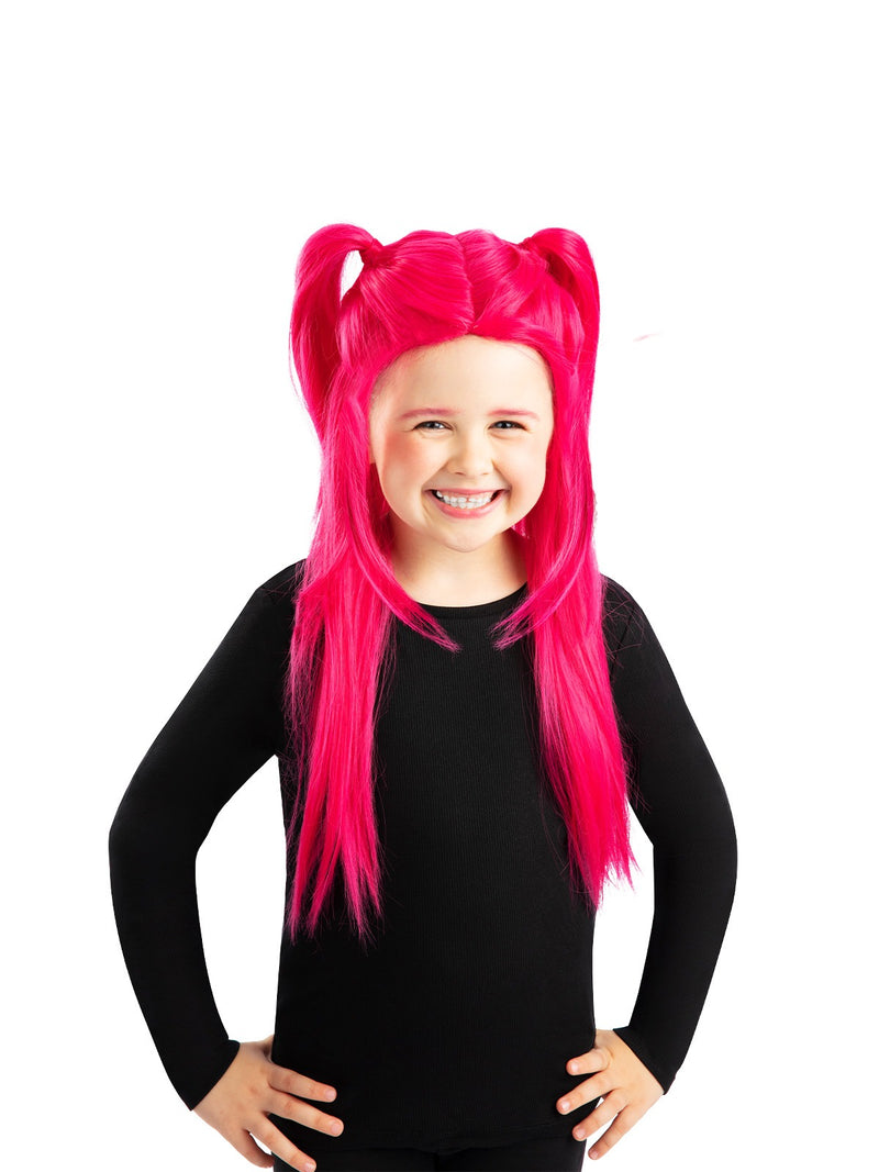 Close-up of Mira character wig showing center part, side ponytails, and face-framing fringe