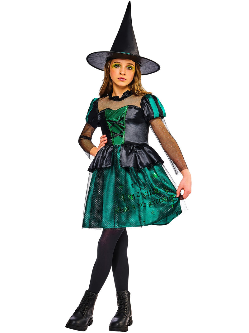 Black witch dress with green corset panel, peplum waist ruffle, and sparkle embellishments on skirt