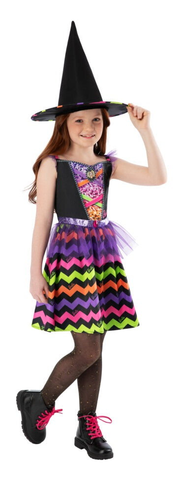 Black pointed witch hat with rainbow-striped band and Barbie logo