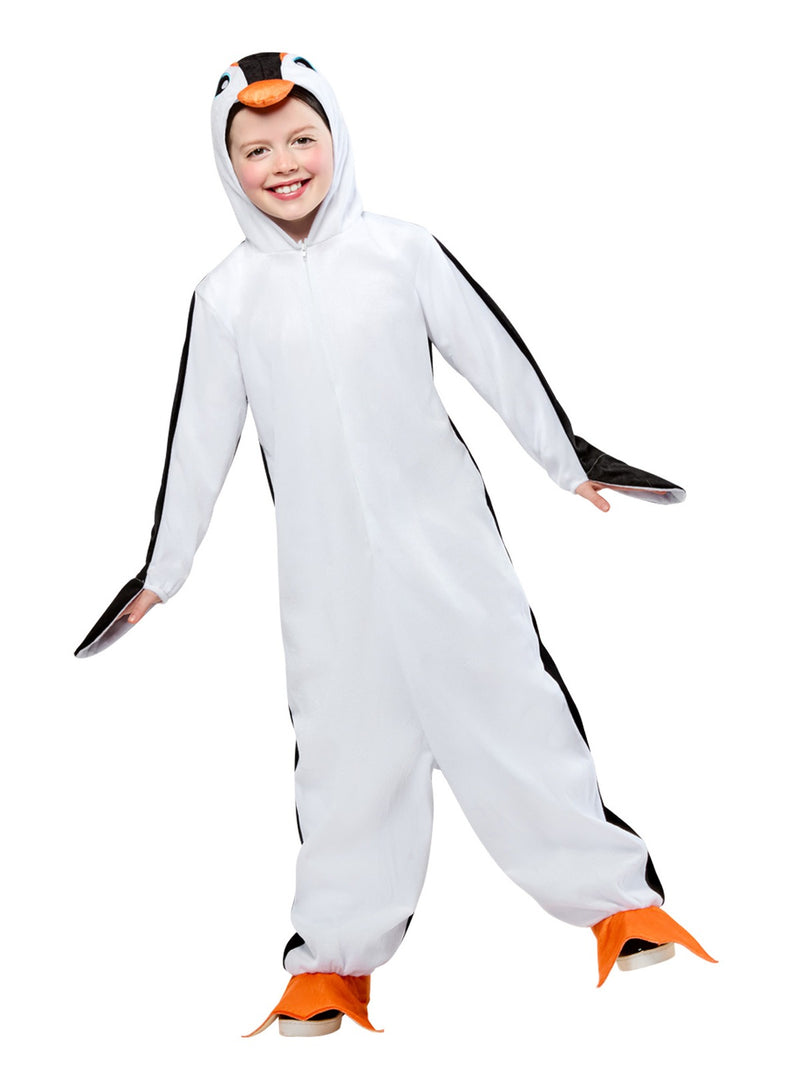 Child wearing Antarctic penguin mascot costume showing black back and white belly panel