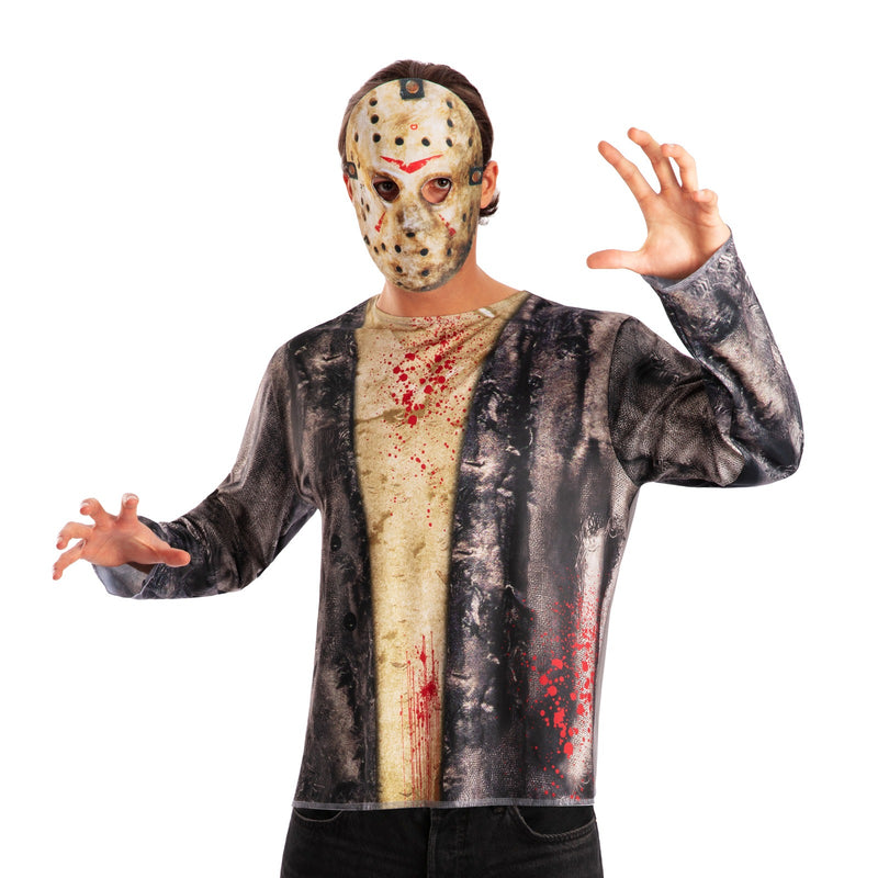 Jason Voorhees hockey mask close-up with red slash marks and weathered cream finish
