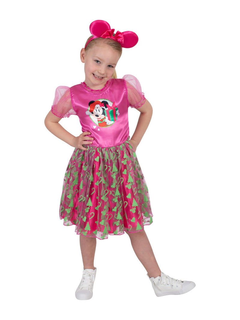 Disney Minnie Mouse holiday dress showing sheer puff sleeves and Christmas tulle layer with candy canes