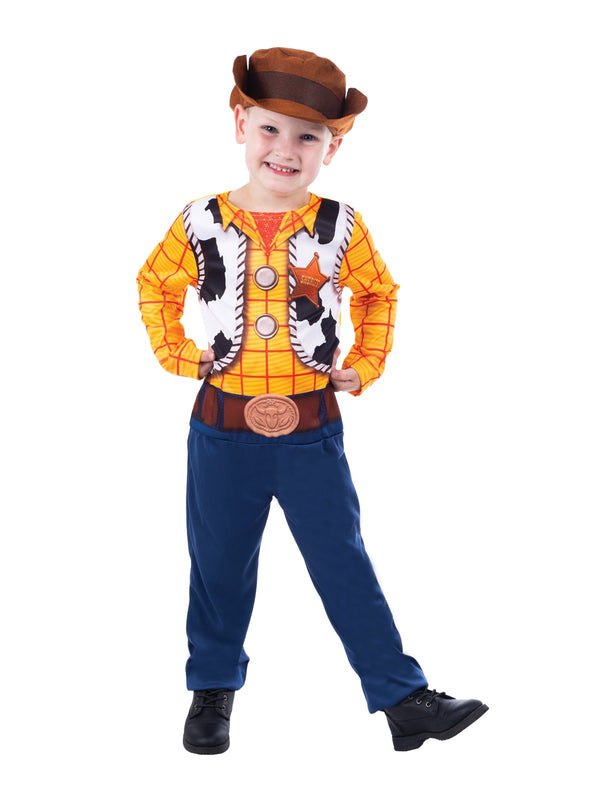 Child wearing Sheriff Woody costume showing plaid shirt and cow-hide vest print detail