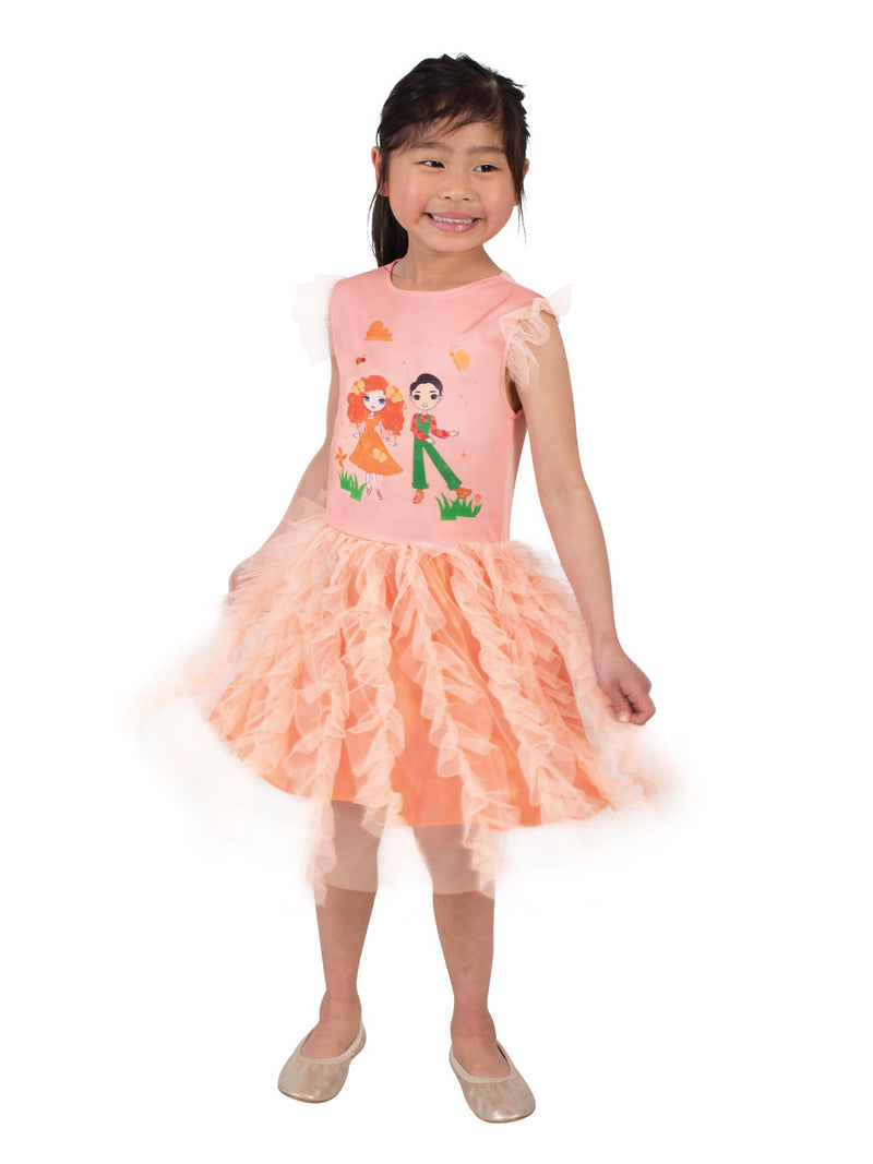 Close-up of Emma Memma and Elvin Melvin digital print on dress bodice with butterflies