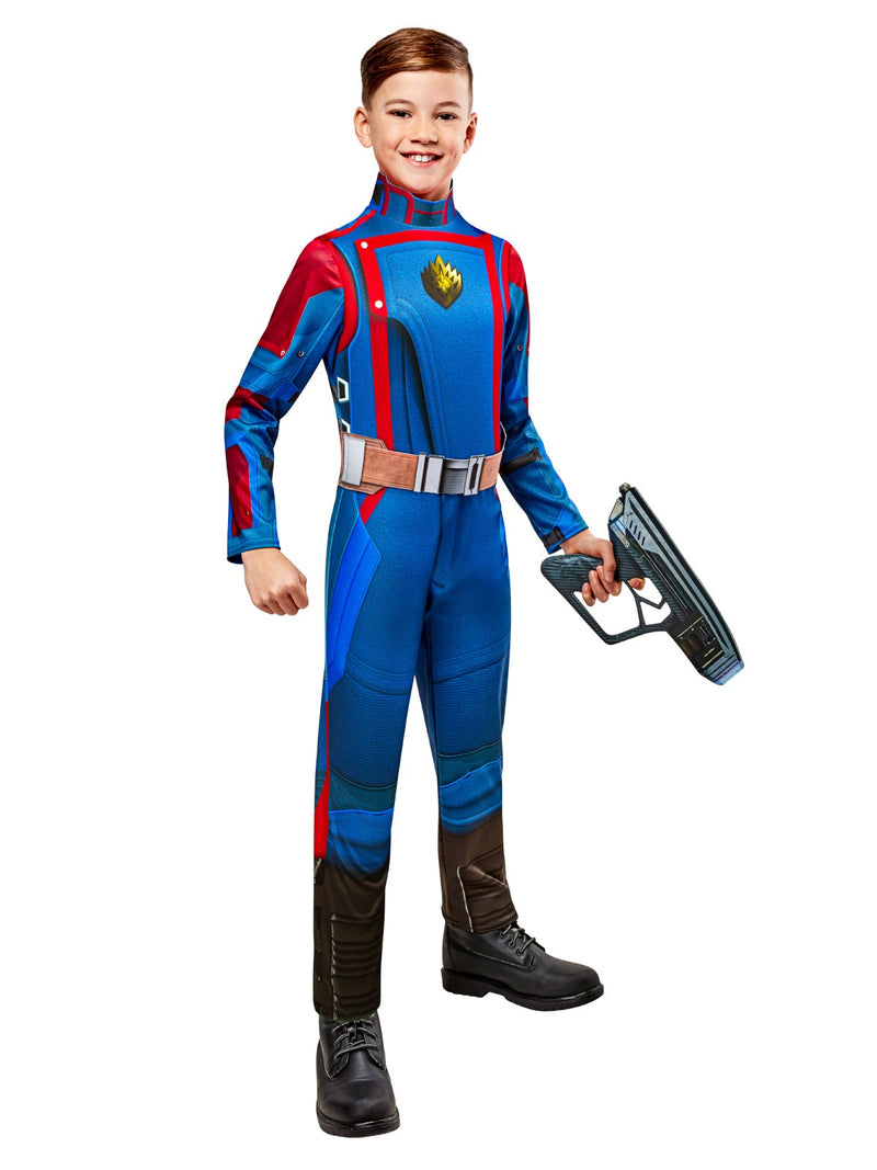 Close-up of Star-Lord costume showing 3D padded chest details and golden flame emblem