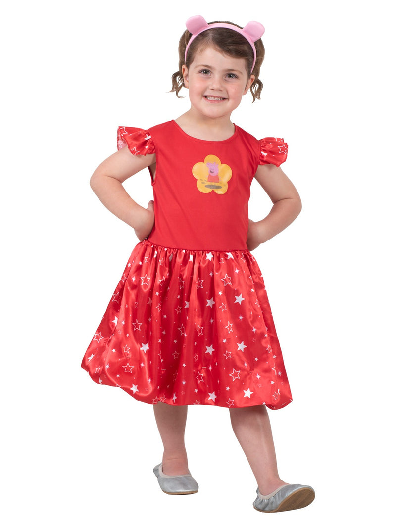 Front view of Peppa Pig dress showing character print on chest and gathered star-print skirt