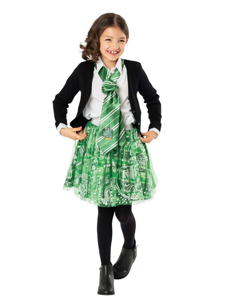Close-up of Slytherin House tutu showing silver foil print on layered green tulle