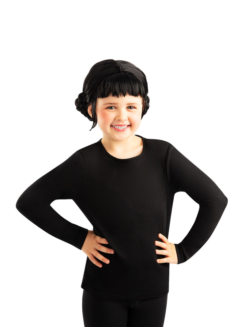 Close-up of black synthetic hair wig showing pre-styled braided buns and mesh cap construction