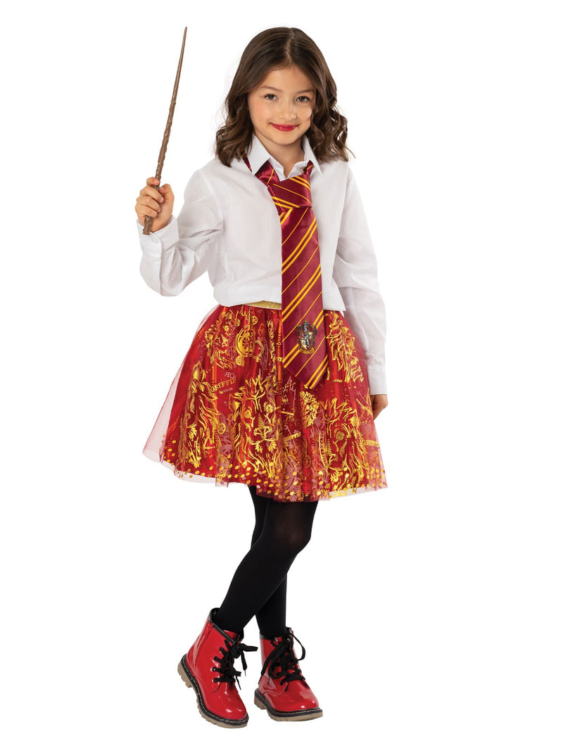 Girl wearing Gryffindor tutu with white shirt and striped tie for Book Week costume
