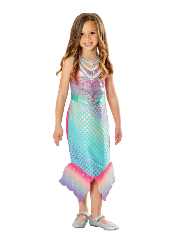Close-up of UV color-changing scale print on Barbie mermaid costume skirt