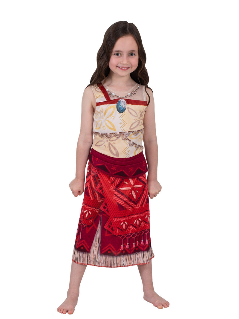 Disney Moana princess dress showing cream bodice with floral print and tribal motifs
