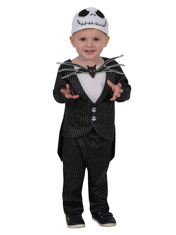 Close-up of Jack Skellington costume jacket with cat-face bow tie and skull buttons