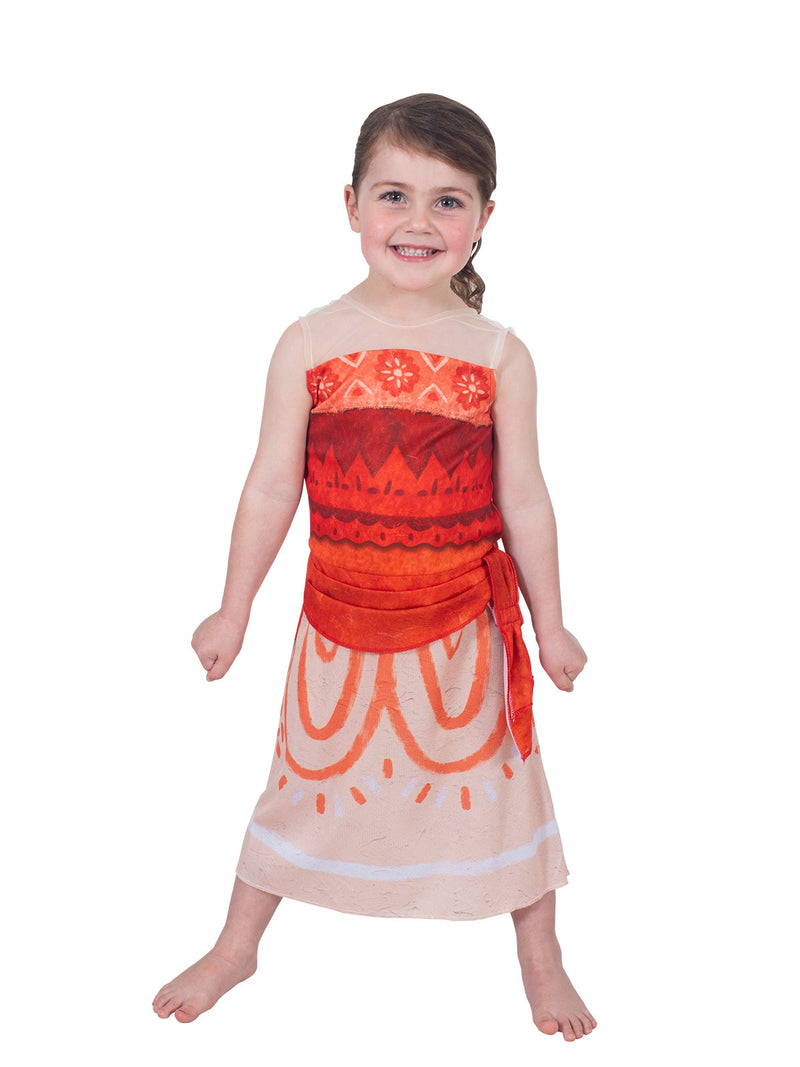 Close-up of Moana costume dress showing tribal print bodice and decorative side sash