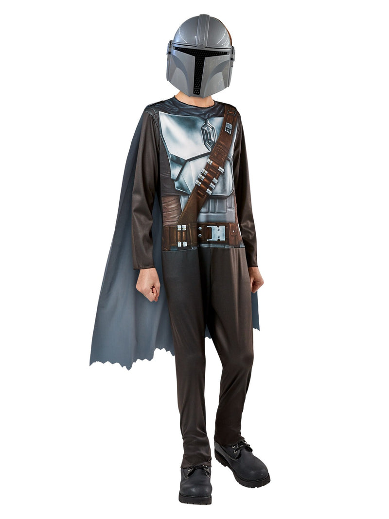 Child wearing Star Wars Mandalorian bounty hunter costume with grey cape