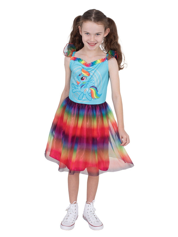 Close-up of Rainbow Dash costume dress showing sky blue satin bodice with pegasus character print and ruffled rainbow neckline