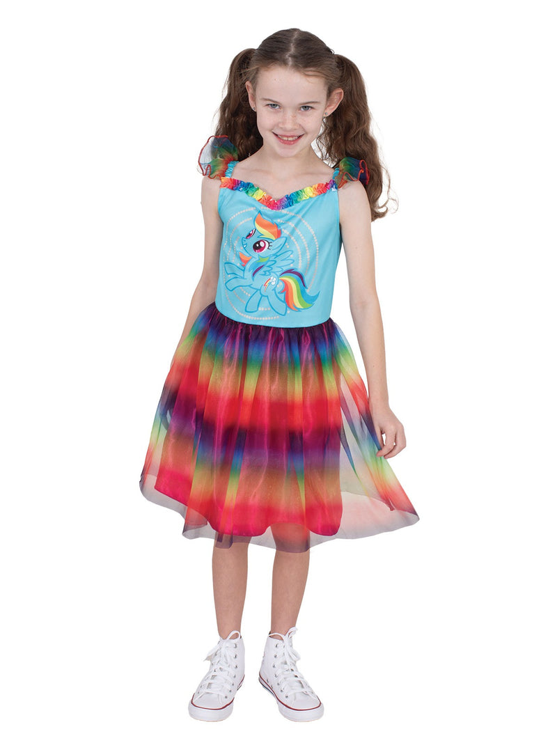 Close-up of Rainbow Dash costume dress showing sky blue satin bodice with pegasus character print and ruffled rainbow neckline