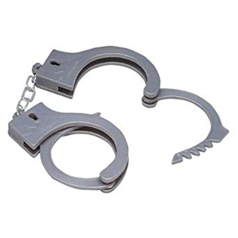 Grey plastic toy handcuffs with adjustable ratchet loops
