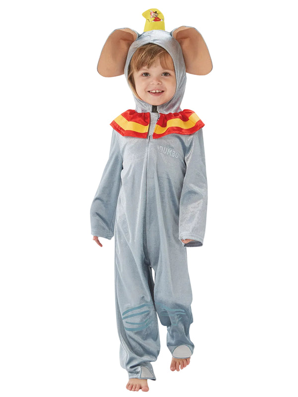 Kids Dumbo elephant costume front view showing grey jumpsuit with 3D ears and circus hat