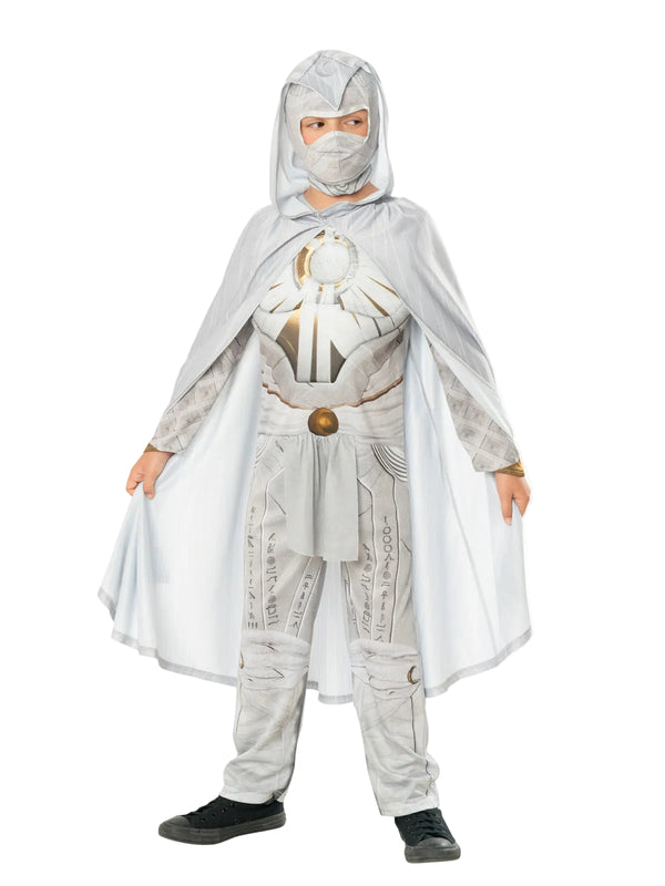 Kids Moon Knight costume with white quilted chest armor and gold Egyptian hieroglyphs