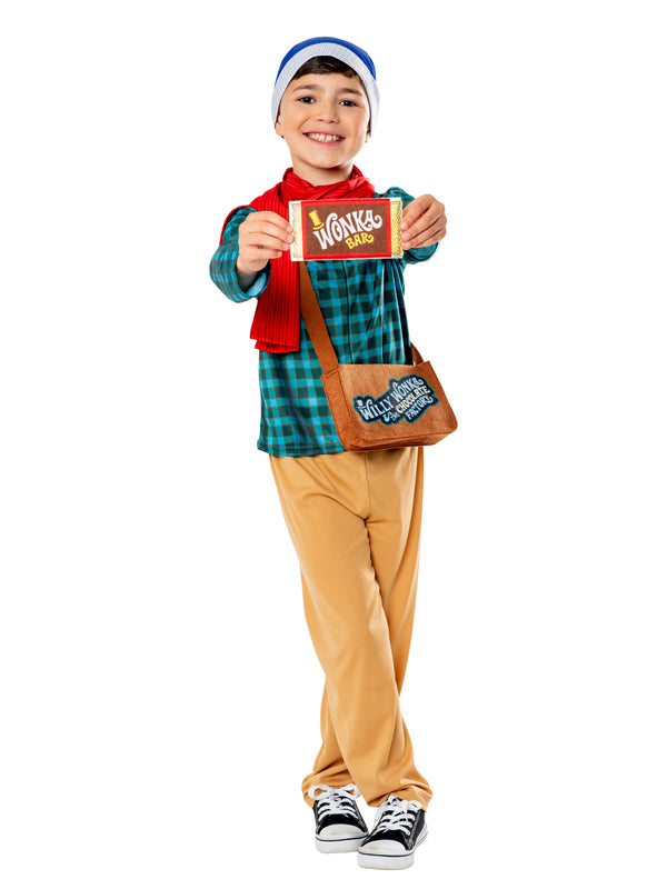 Child wearing Charlie and the Chocolate Factory costume with satchel and Wonka Bar
