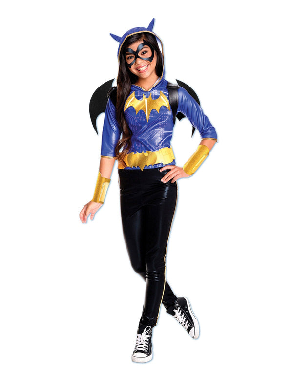 Kids Batgirl costume with molded bat-wing backpack and hooded top