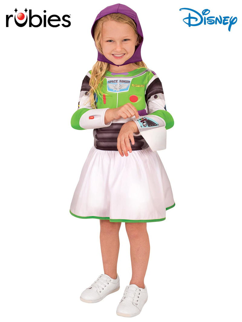 Kids Buzz Lightyear tutu dress with purple hood and gauntlets, front view