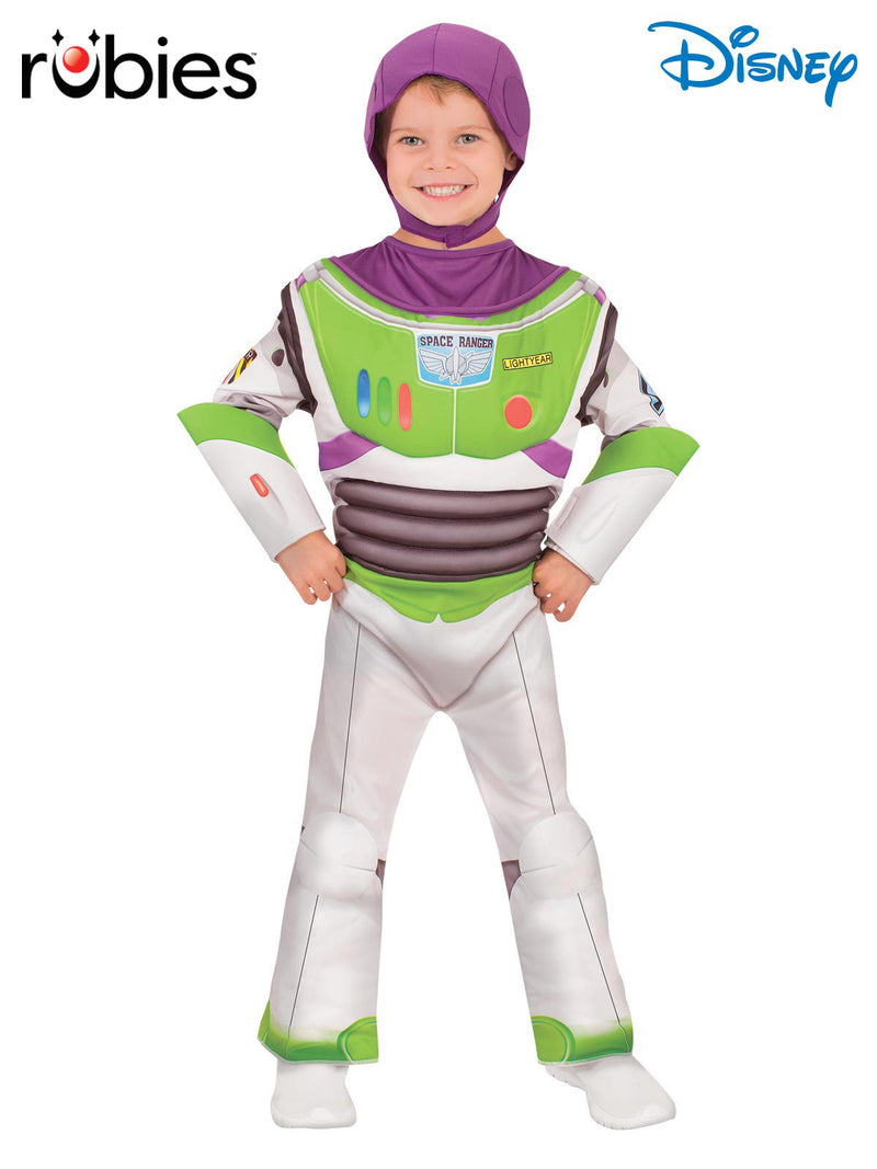 Toddler wearing Buzz Lightyear Space Ranger costume with padded chest and purple snood helmet