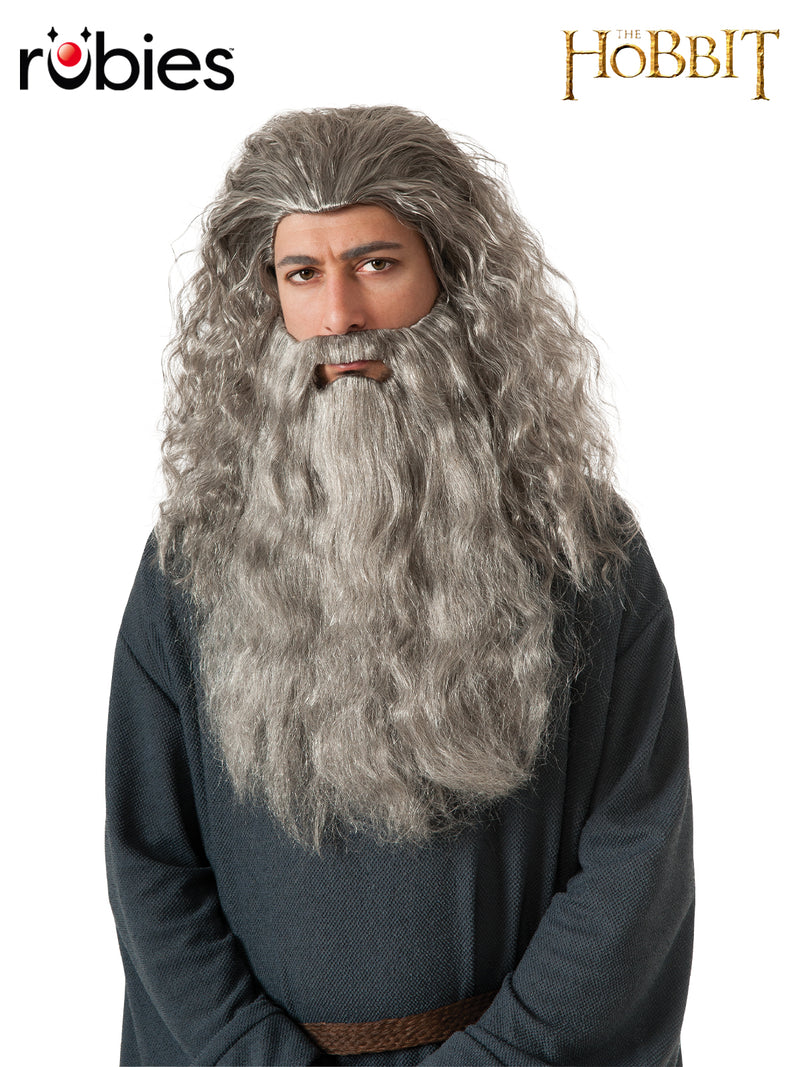 Adult Gandalf wig and beard set with long flowing grey hair and chest-length beard