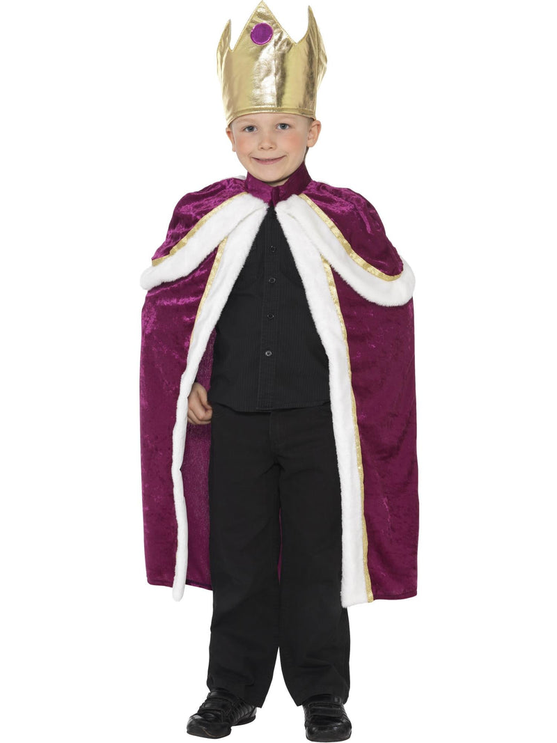 Kids purple royal king robe with white fur trim and gold crown on white background