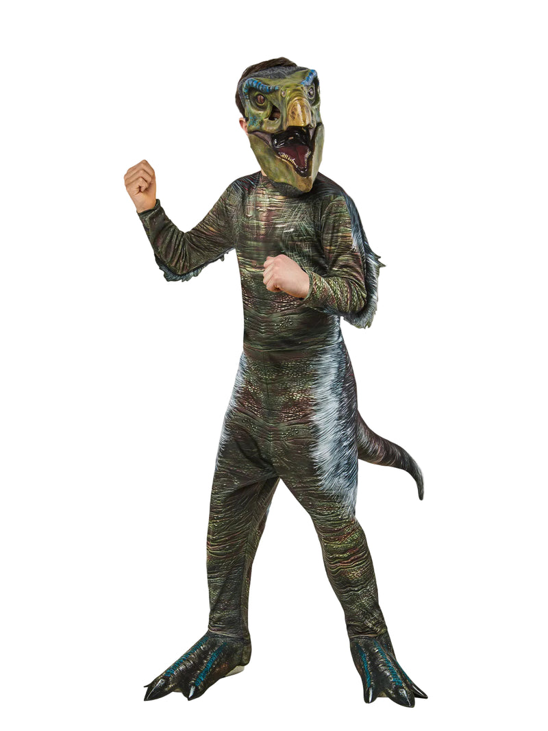 Kids Therizinosaurus costume full body jumpsuit with digital scale print and 3D dinosaur mask