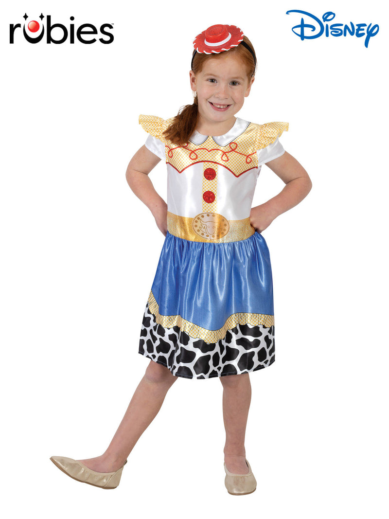 Kids Jessie Toy Story costume dress with blue satin skirt and cow print trim