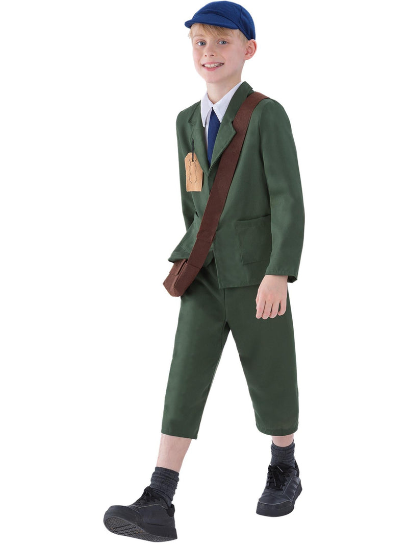 Kids WW2 evacuee boy costume showing green jacket, cap, satchel and ID tag on white background