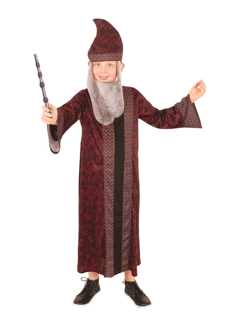 Kids Professor Dumbledore costume full-length maroon wizard robe with grey beard and pointed hat