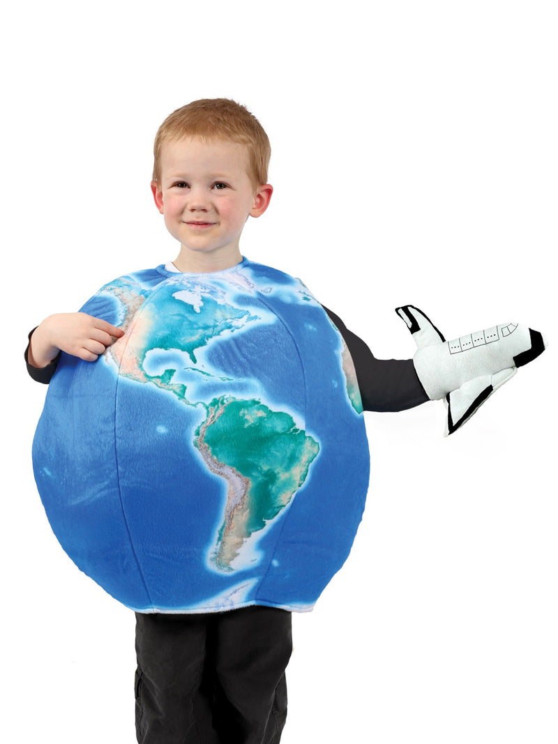 Close-up of Kids Earth costume showing detailed land-sea print, black ribbed cuffs, and attached white space shuttle hand puppet with black trim