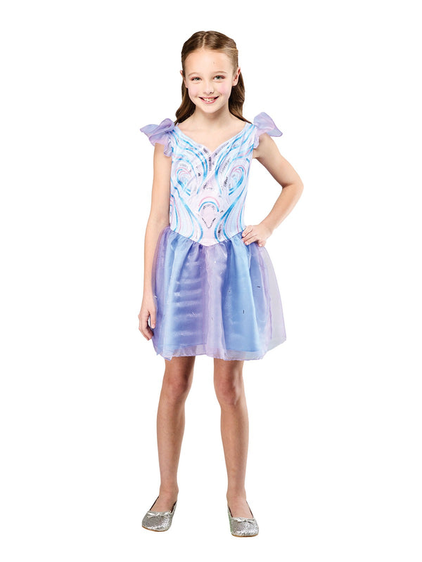 Girl wearing Wicked Glinda costume - layered tutu skirt with gradient purple to blue color effect