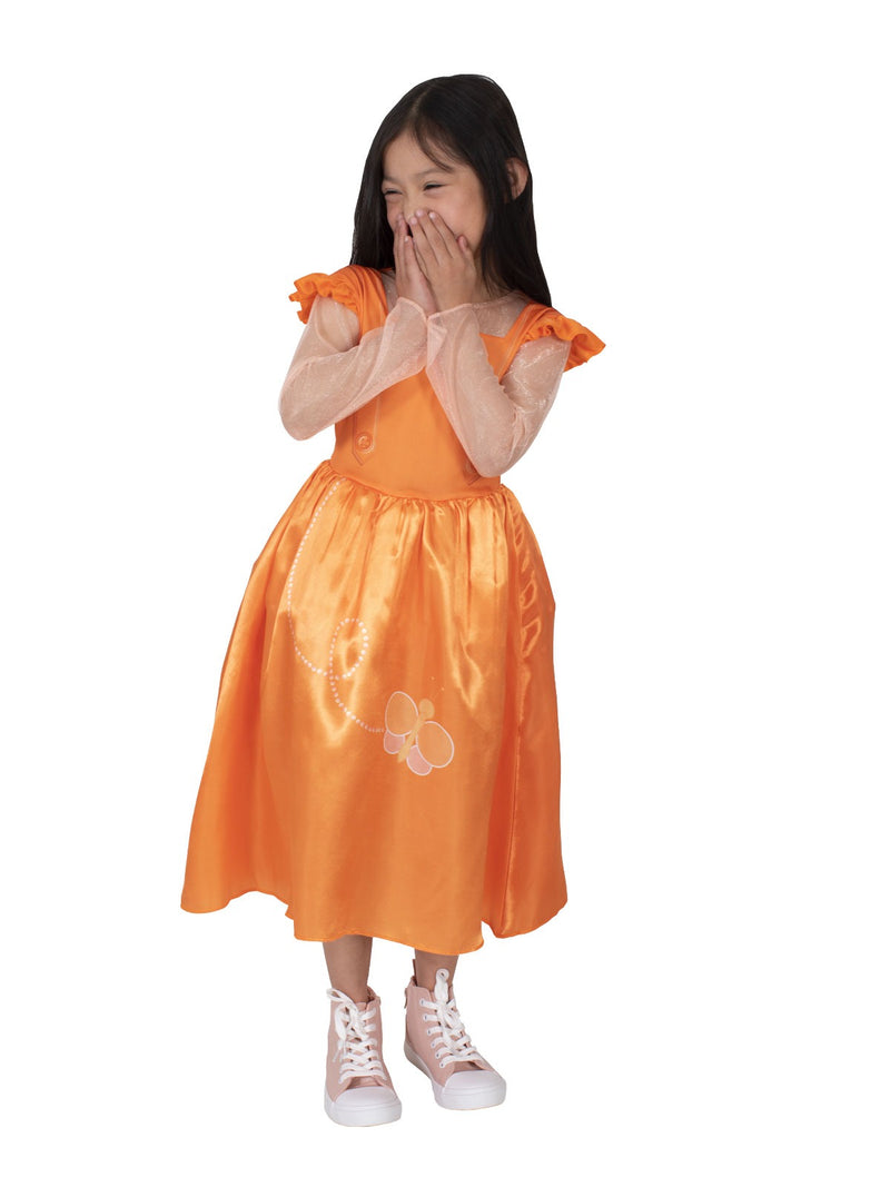 Child wearing Emma Memma costume orange dress with puff sleeves and sheer mesh arms side view