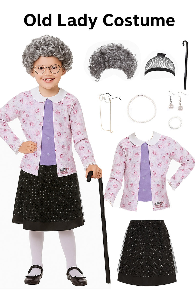 Kids grandma costume with purple floral top, black polka-dot skirt, wig, glasses, and walking stick for 100 Days of School