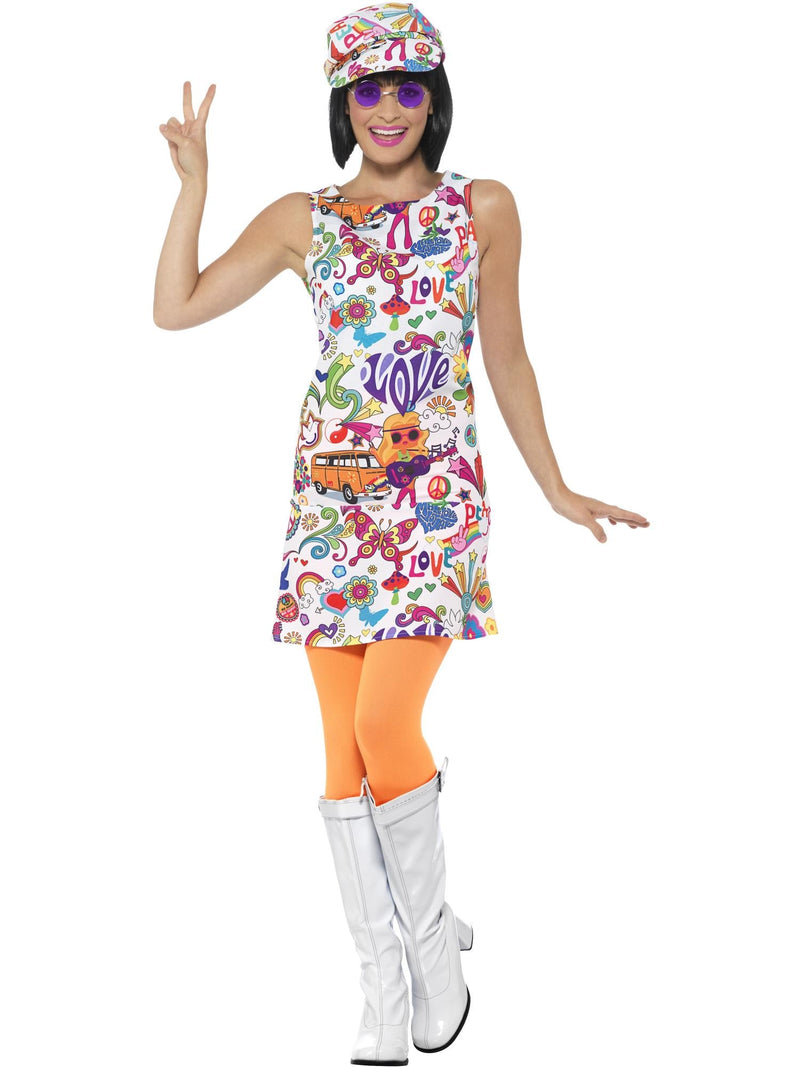 Womens 60s hippie costume with psychedelic peace symbol print dress and matching hat